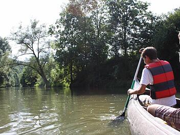 Idylle pur: Wer - wie Noah und Felix aus Münnerstadt - auf der Fränkischen Saale bei Steinach unterwegs ist, kann trotz sportlicher Betätigung die Seele baumeln lassen. Fotos: Ralf Ruppert