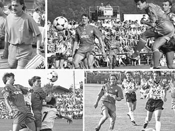 Viele bekannte Gesichter beim legendären Spiel: Kofferträger Raimond Aumann und Österreichs Jungnationalspieler Harald Cerny (links oben); Martin Halbig vom FC 05, der durch seinen Heimatort Fuchsstadt in der Altlandkreis-Auswahl stand, kam gegen Roland Wohlfahrt (links) und Mehmet Scholl zu spät (rechts oben); Münchner Vorteile mit Klaus Augenthaler beim Kopfballduell (unten links); "FC Thulba gegen FC Bayern" (von links) Michael Sternkopf, Thomas Strauch, Gottfried Gerlach, Klaus Augenthale...