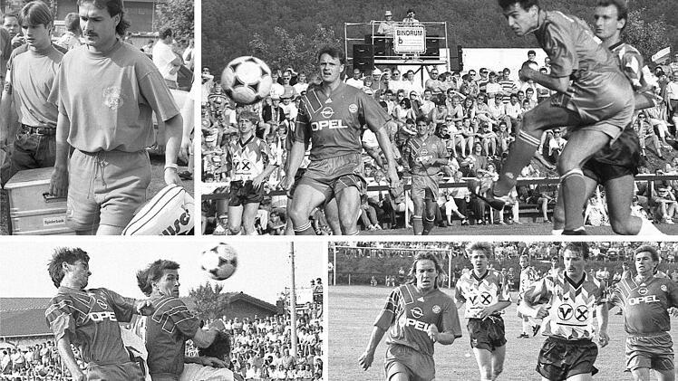 Viele bekannte Gesichter beim legendären Spiel: Kofferträger Raimond Aumann und Österreichs Jungnationalspieler Harald Cerny (links oben); Martin Halbig vom FC 05, der durch seinen Heimatort Fuchsstadt in der Altlandkreis-Auswahl stand, kam gegen Roland Wohlfahrt (links) und Mehmet Scholl zu spät (rechts oben); Münchner Vorteile mit Klaus Augenthaler beim Kopfballduell (unten links); "FC Thulba gegen FC Bayern" (von links) Michael Sternkopf, Thomas Strauch, Gottfried Gerlach, Klaus Augenthale...