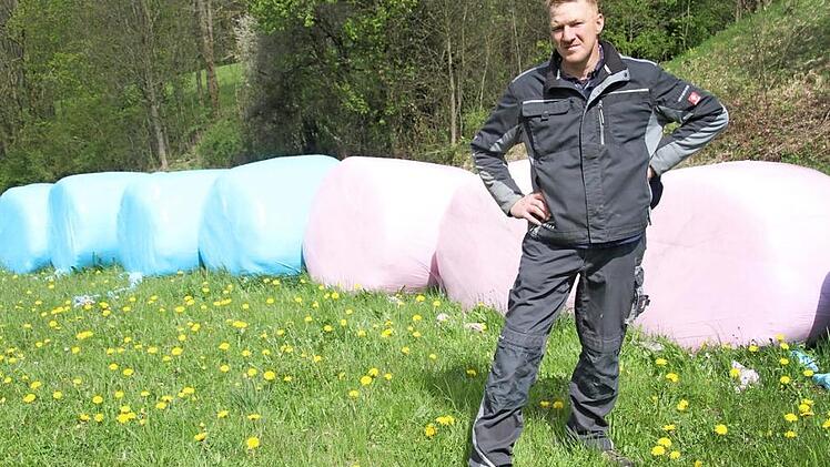 Die Rundballen auf den Feldern von Markus Münch sind eine Augenweide: Sie tragen hellrosafarbene und hellblaue "Mäntel". Eingewickelt werden die Ballen vom Kronacher Unternehmer Herbert Hanna. Von den rosafarbenen gibt es nur rund hundert Stück.  Fotos: Sonny Adam