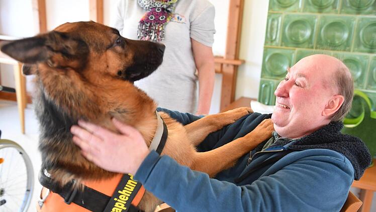 Zwei, die sich gut verstehen: Heimbewohner Gottfried Pollach mit Therapiehund Aramis Foto: Ronald Rinklef