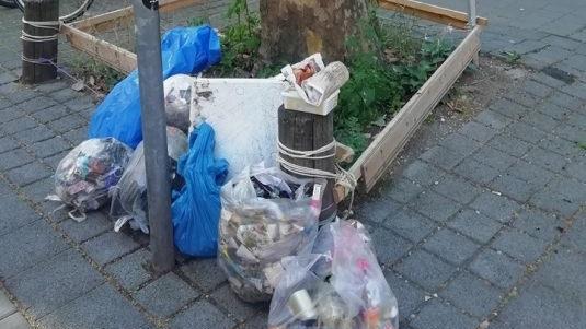 Die Gruppe macht die Stadt auf den Müll aufmerksam, indem sie die Abfälle neben öffentliche Mülleimer stellt. Foto: Cleanup Plogging Nürnberg