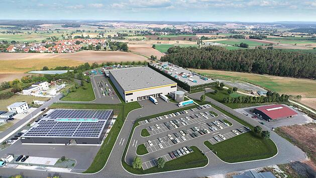 Die Visualisierung des Bauträgers zeigt das geplante Amazon-Gebäude im Gewerbegebiet Limbach.  Das Gebäude vorne links mit dem blauen Streifen auf dem Dach existiert bereits. Es gehört nicht zu Amazon, sondern darin ist die Firma Hofmann zuhause.Visualisierung: P3 Logistic Parks