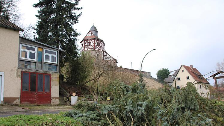 Unterhalb der Wehrkirche Untereschenbach stürzte eine  Tanne auf die Fahrbahn.
