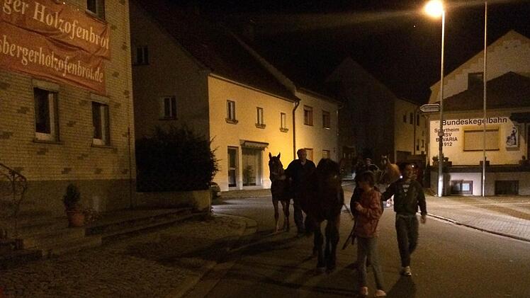 In eine eigenartigen Konvoi wurden die ausgebrochenen Pferde nachts durch Lisberg zu ihrem Stall zurück geführt. Fotos: privat