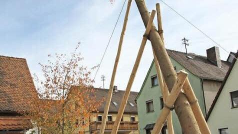 Die Kerwasburschen wuchten den Baum in die Höhe. Foto: Erl