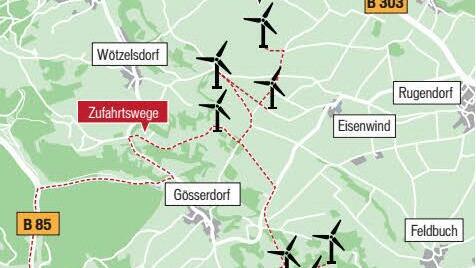 Der geplant Windpark Rugendorf - vier Anlagen stehen im Landkreis Kulmbach, drei im Landkreis Kronach. Grafik: Michael Beetz