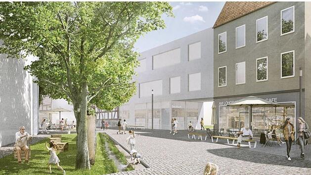 Die Ecke Lohgraben/Badergasse im Entwurf von A24 Landschaftsplanung: Wasserbeete, Bänke und ein Durchgang zum Aufzug in den Steinweg.