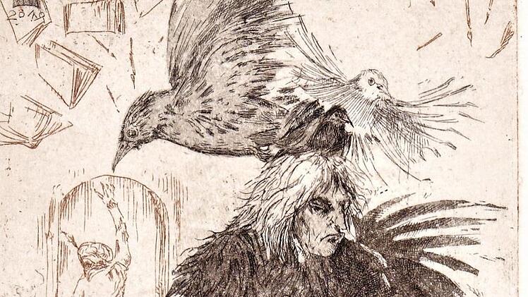 Aus dem Kopf des Buchh&auml;ndlers Giacomo entsteigen sogenannte Zornesv&ouml;gel, die er nicht absch&uuml;tteln kann.