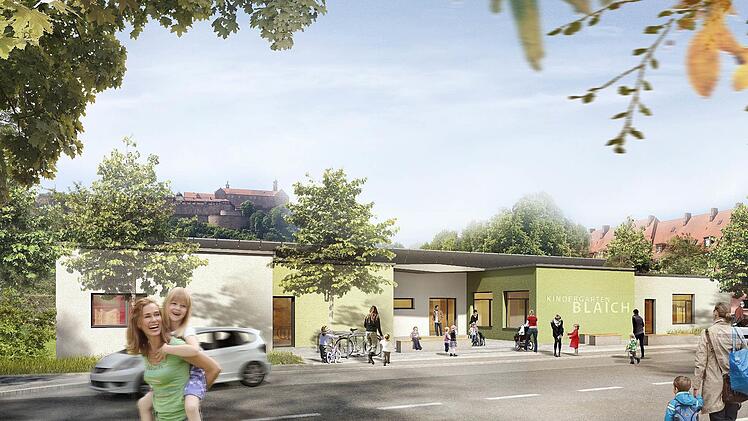 So soll der neue Kindergarten in der Blaich aussehen. Die 710 Quadratmeter Fläche bieten genügend Platz für 75 Kindergarten- sowie 12 Krippenkinder. Die ehemals als Holzverbund-Module geplanten Abschnitte werden nun in Massivausführung gebaut.  Visualisierung: Stadt Kulmbach