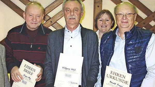 F&uuml;r langj&auml;hrige Treue zum BLLV ehrte Winfried Kneissl (links) vom Bezirksverband (nach rechts) J&uuml;rgen Oley, Wolfgang Wei&szlig; und Harald Fraas. Auch Vorsitzende Heidi Koblofsky und ihre Stellvertreterin Diana Wende (im Hintergrund) gratulierten. Foto: Siegfried Sesselmann
