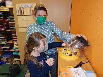 Anna Lena Büttner und ihre Tochter Oda bestückten den Wachteleier-Brutautomat in der Grundschule Unterweißenbrunn mit 12 Wachteleiern aus eigener Zucht. Foto: Marion Eckert