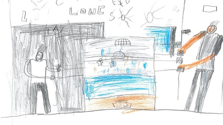 Marius (links) und Macijek wetteifern am Kickertisch. Den Spielraum haben die Jugendlichen selbst ausgestaltet. Foto: Celin Rausch, gemalt von Umut