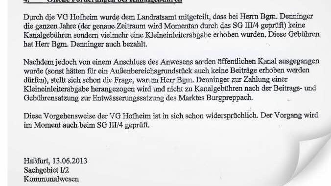 Dieser Passus findet sich in einem mehrseitigen Aktenvermerk des Landratsamtes, der unserer Redaktion vorliegt, und die Zweifel der Kommunalaufsicht an der Vorgehensweise der VG Hofheim belegt. Repro: FT