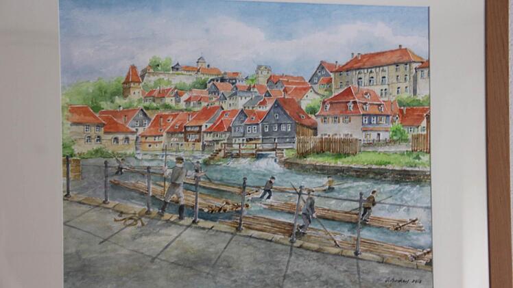 Das Gemälde zeigt den Floßanlegeplatz von Kronach an der Haßlach (heutige Adolf-Kolping-Straße) im Jahr 1915.  Foto: Archiv Fleischmann