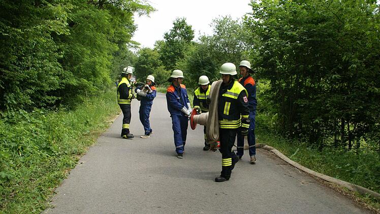Bergauf: Jede Menge Pumpen und Schläuche mussten eingesetzt werden beim Gemeindefeuerwehrtag. Der Brandort lag in der Flur. 1100 Meter lang war die Löschleitung.