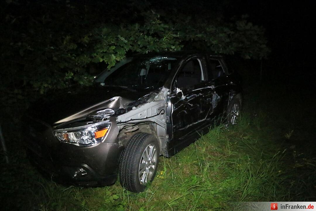 Auto rast auf A73 über Leitplanke