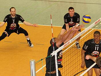 Teamwork und volle Konzentration auf das Ziel Meisterschaft sind gefragt beim VC Eschenbacher Eltmann in der Endphase der Saison, so wie in dieser Szene aus dem vergangenen Match gegen den MTV München. Spielertrainer Heriberto Quero (links am Netz) blockt den Angriff der Gäste ab, Christian Nowak (Nummer 2), Marko Henke (Nummer 3) und Kenneth Blanca (Nummer 11) sichern für den Fall der Fälle ab.