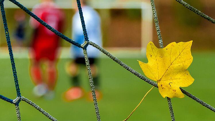 Ein abgefallenes Blatt hat es sich im Tornetz verfangen beim A-Klassen-Spiel zwischen dem VfB Burglauer II und dem VfL Sportfreunde Bad Neustadt II. Foto: Anand Anders