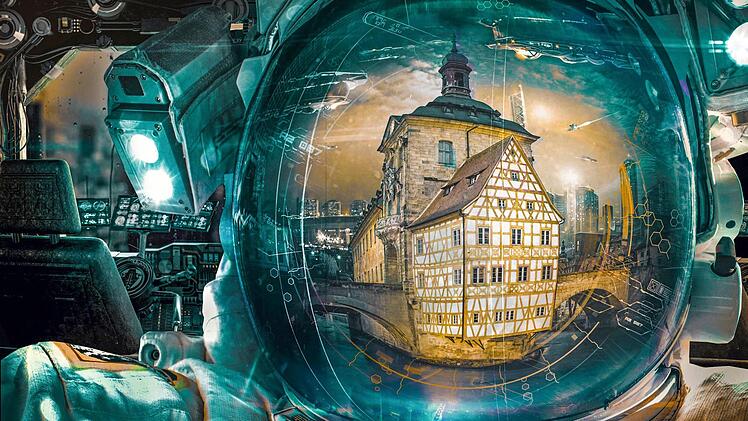 Im Helm des Astronauten spiegelt sich das Alte Rathaus von Bamberg. Karg
