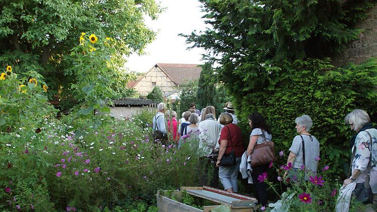 Blumen und Gemüse haben ihr Recht im Nutzgarten von Familie Lindner, der von den Wettbewerbsteilnehmern interessiert begutachtet wurde. Foto: Sabine Weinbeer