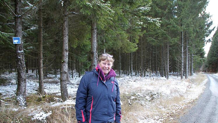 Elke Müller von der Initiative Pro Sinntal zeigt das Waldgebiet Roßbacher Forst. Foto: Julia Raab
