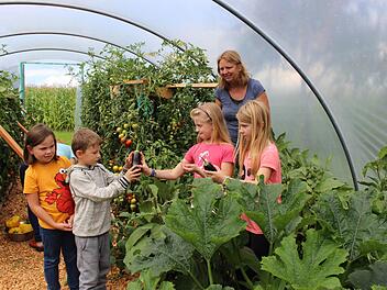 Tina Sickmüller mit den Kindern bei der Ernte im Gewächshaus Fotos: Evi Seeger