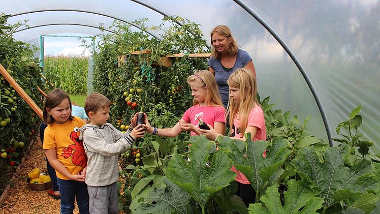 Tina Sickmüller mit den Kindern bei der Ernte im Gewächshaus Fotos: Evi Seeger