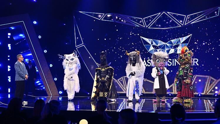 Matthias Opdenh&ouml;vel (links) pr&auml;sentierte die Finalisten: Yeti Cat, P. S., Fernando El Toro, Prof. Dr. Dr. Schweinstein und Wild Thing (von links).