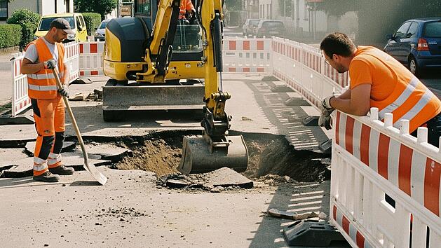 Kleine Straßenbaustelle mit einem Bagger und ein paar Bauarbeitern, Sperrung, Bauarbeiten