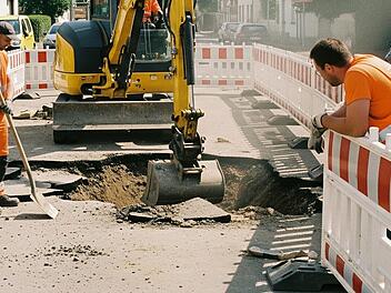 Kleine Straßenbaustelle mit einem Bagger und ein paar Bauarbeitern, Sperrung, Bauarbeiten