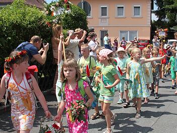 Ein bunter Zug schlängelte sich beim Wiesenfest durch Melkendorf. Viele Schaulustige machten einen Schnappschüsse. Foto: Stephan Stöckel