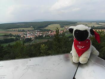 Die Fernsicht am "Reichenbacher Blick" genießt auch unser Maskottchen "Rhönschnuppe". Foto: Joachim Rübel