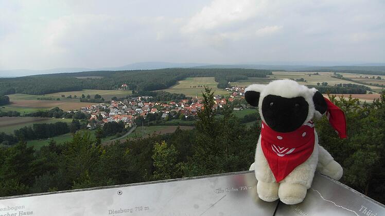 Die Fernsicht am "Reichenbacher Blick" genießt auch unser Maskottchen "Rhönschnuppe". Foto: Joachim Rübel