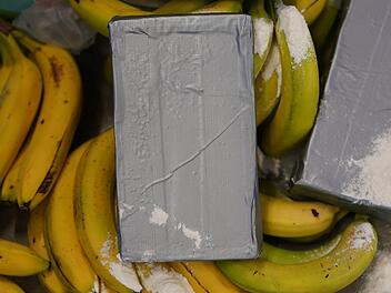 Wei&szlig;es Pulver, das Kokain darstellen soll, liegt neben Bananen.