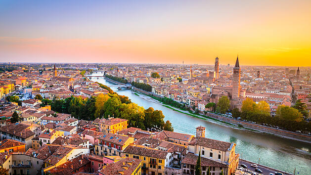 Beautiful sunset aerial view of  Verona, Veneto region, Italy.