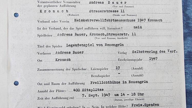Der Antrag für die Aufführungsgenehmigung des ersten Laienspiels ...  Repro: Friedwald Schedel