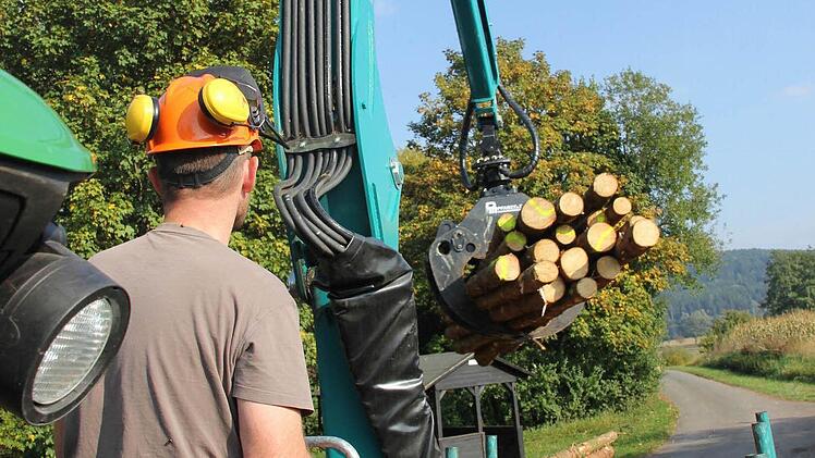 Wolfgang Schirmer verlädt Holz auf den Rückewagen. Mit dem Greifer kann er fast 20 Stämme auf einmal packen, mit der Hand würde er sich mit einem schon tüchtig plagen.