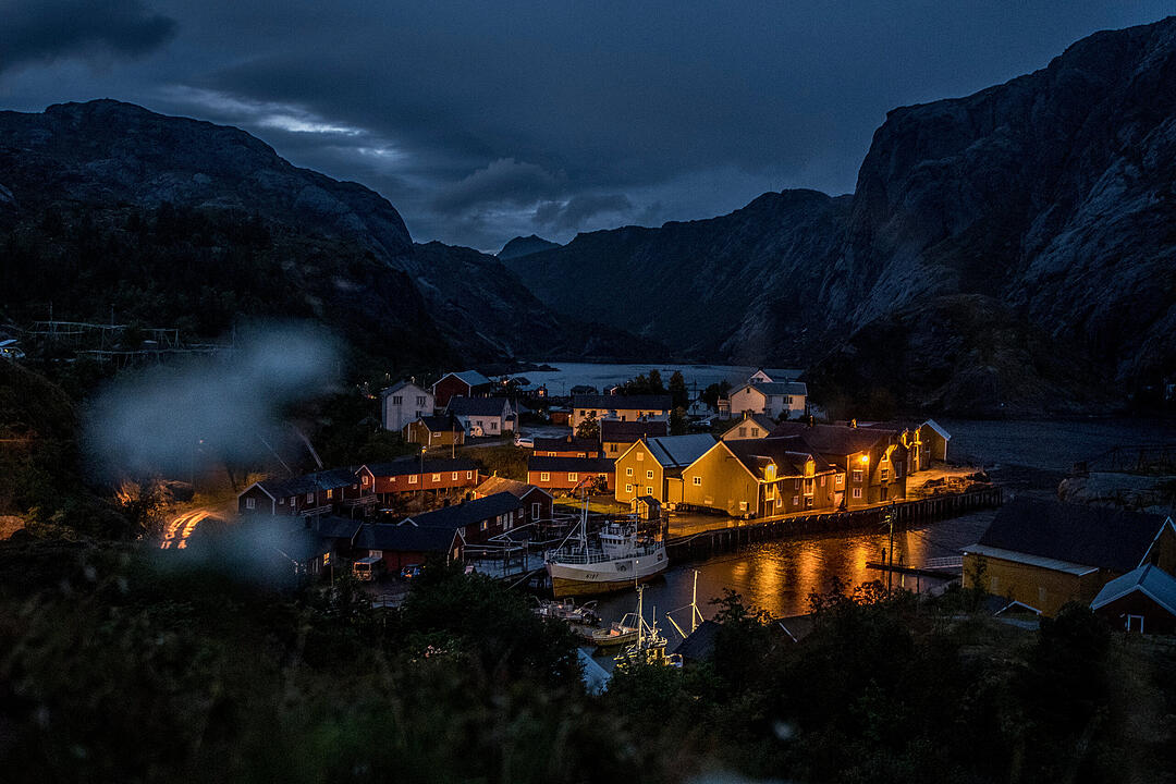 Night in the fishing village Nusfjord in Lofoten