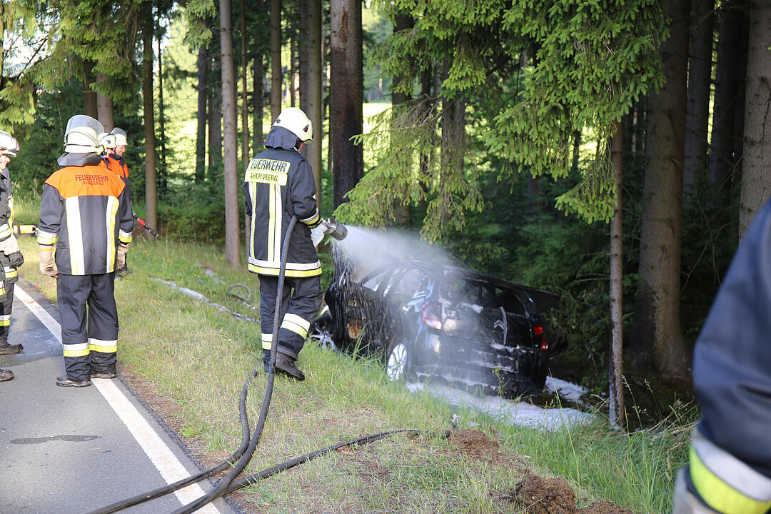 Helmbrechts: Auto gegen Baum gekracht und in Flammen aufgegangen