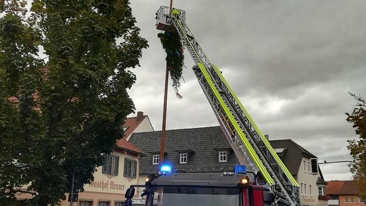 Die Feuerwehr Lichtenfels rückte mit ihrer Drehleiter aus, um den abgeknickten Baum herunterzuholen. Ein Sicherungsseil verhinderte, dass er auf die Straße fiel. Foto: Feuerwehr Ebensfeld