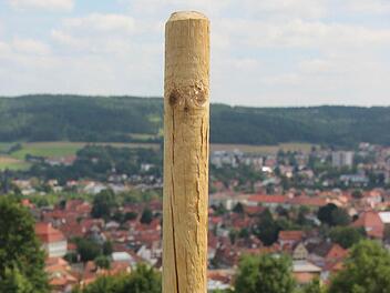 Kein Brett vorm Kopf, sondern einen ganzen Mast in der Sicht werden bald Radfahrer, Wanderer und Fußgänger haben, die auf ihrem Weg zwischen Kronach und Ziegelerden die schöne Aussicht auf die Kreisstadt genießen wollen. Ein Holzpfosten und ein Stromkabel weisen schon auf das Bauvorhaben hin. Foto: Marco Meißner