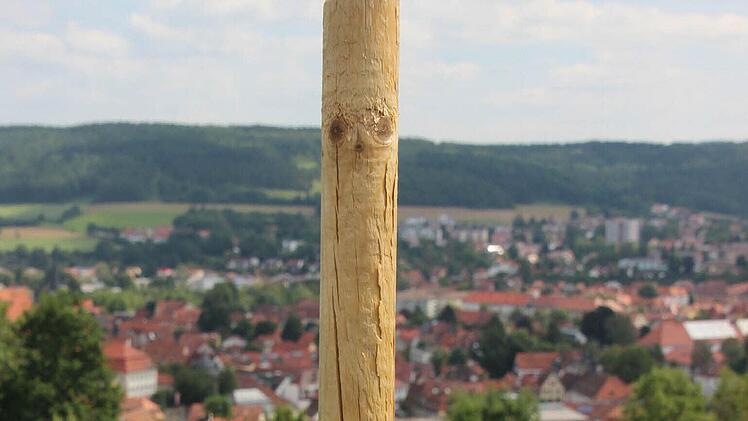 Kein Brett vorm Kopf, sondern einen ganzen Mast in der Sicht werden bald Radfahrer, Wanderer und Fußgänger haben, die auf ihrem Weg zwischen Kronach und Ziegelerden die schöne Aussicht auf die Kreisstadt genießen wollen. Ein Holzpfosten und ein Stromkabel weisen schon auf das Bauvorhaben hin. Foto: Marco Meißner