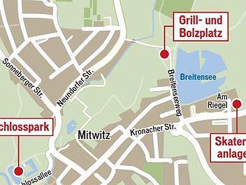 An diesen drei Stellen in Mitwitz wurde nachts bislang besonders oft randaliert. Grafik: Klaus Heim