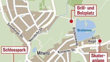 An diesen drei Stellen in Mitwitz wurde nachts bislang besonders oft randaliert. Grafik: Klaus Heim