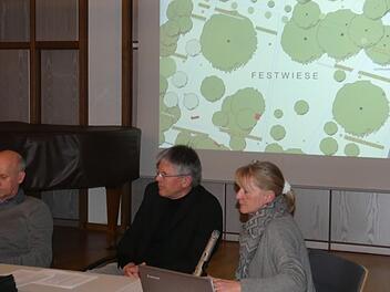 Angelika Droll und Götz Lauenstein von der Planungsgruppe Dubler, Droll & Lauenstein stellten Bürgermeister Stefan Paulus (von rechts) und dem Gemeinderat das Konzept und die Kosten für die Aufwertung des Schlossparks Oberschwappach vor. Christian Licha