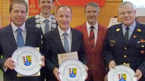 Ehrung für besondere Verdienste (vorne, von links): Michael Lieb, Steffen Lieb, Harro Trautmann, (hinten) Marco Steiner und Michael Busch.