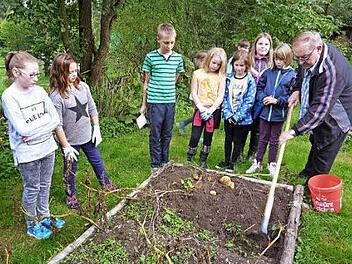 Die Naturkids des Stockheimer Gartenbauvereins bei der Kartoffelernte mit Vorsitzendem Gerhard Ramming  Foto: Gerd Fleischmann