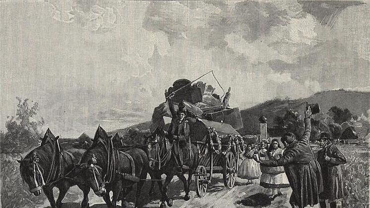 Illustration anno 1876 "Kammerwagenfahrt mit Aussteuer und Gefolge"Archiv