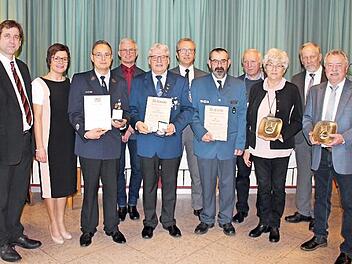 Bei der Ehrung (v. l.): Landrat Hermann Ulm, Anja Gebhardt, Stefan Lochner, Konrad Galster (Dritter Bürgermeister), Gerhard Gebhard, Michael Knörlein (Zweiter Bürgermeister), Otto Kraus, Johannes Galster, Maria Gebhard, Eberhard Hofmann und Georg Maltenberger Foto: Sebastian Müller